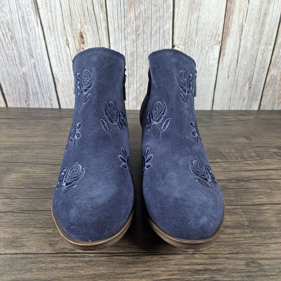 Lucky Brand Embroidered Basel Flowers Women's Sz 6.5 M Bootie Navy (VGC) - Picture 2 of 9